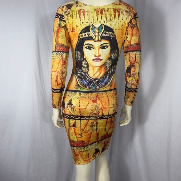 Cleopatra Egyptian Goddess Bodycon Dress | Good Time USA | Vintage Print Long Sl - Picture 8 of 16